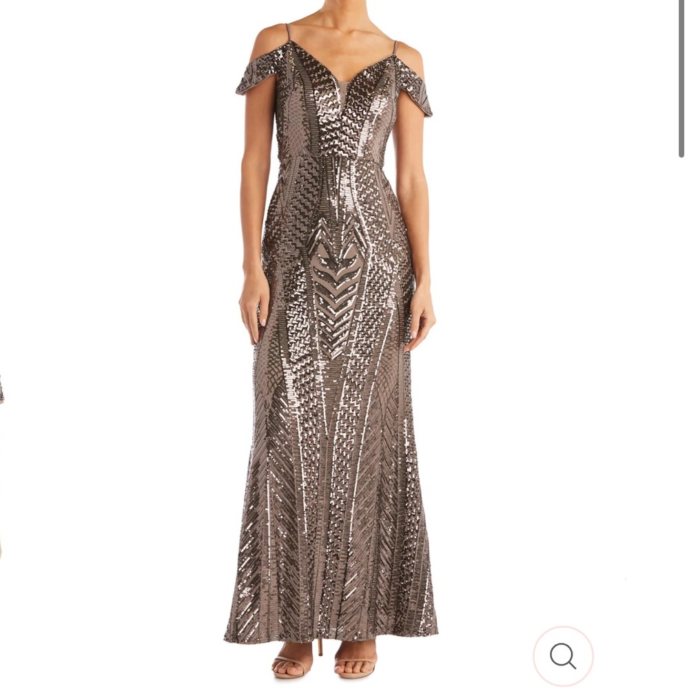 Nightway Off the Shoulder Sequin Gown in Mocha